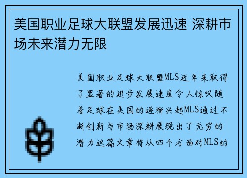 美国职业足球大联盟发展迅速 深耕市场未来潜力无限